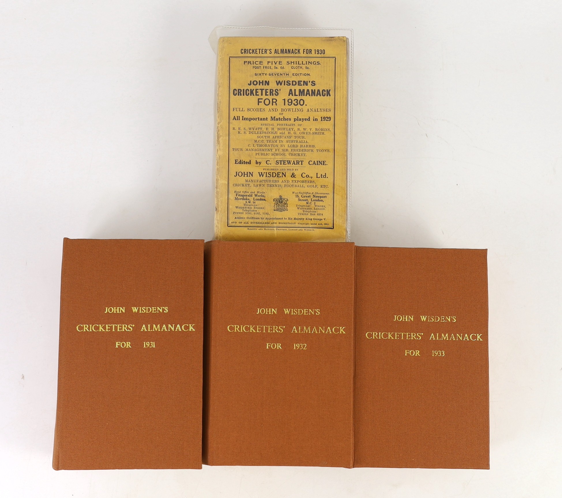 Wisden, John - Cricketers’ Almanack for the years 1930 (67th edition) -1938 (75th edition), all rebound brown cloth gilt (excepting issues for 1930 and 1935-36) and retaining original paper wrappers (bar 1938 issue, an o